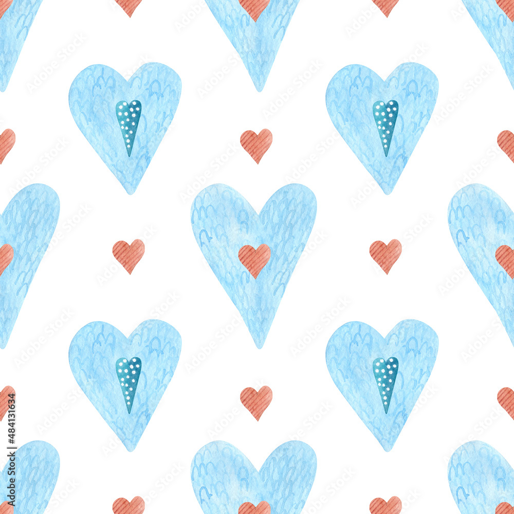 Scarlet and blue hearts on a white background. Symbol of love, background for a holiday, wedding.