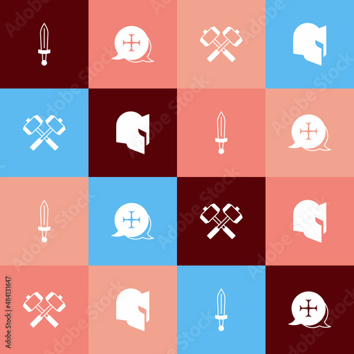 Set pop art Medieval sword, Crusade, Crossed battle hammers and helmet icon. Vector