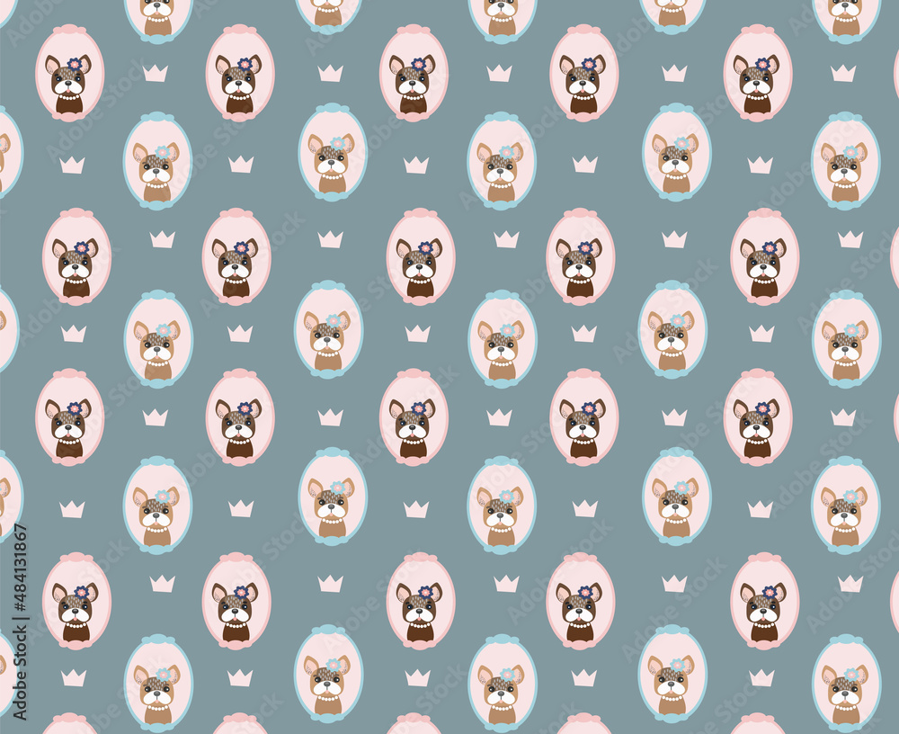 Seamless pattern Kawaii cute bulldog cartoon flat vector element art design. Seamless pattern Kawaii cute bulldog cartoon flat vector element art design.
