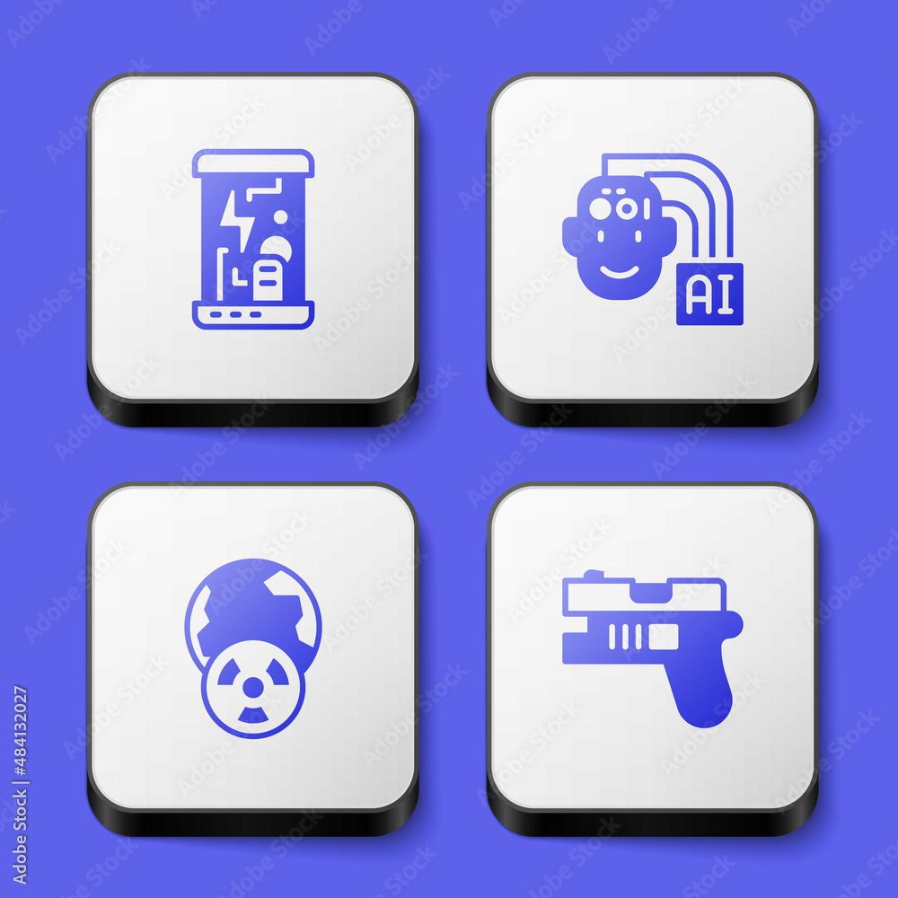 Set Cryogenic capsules, Humanoid robot, Planet earth and radiation and Futuristic weapon icon. White square button. Vector Set Cryogenic capsules, Humanoid robot, Planet earth and radiation and Futuristic weapon icon. White square button. Vector