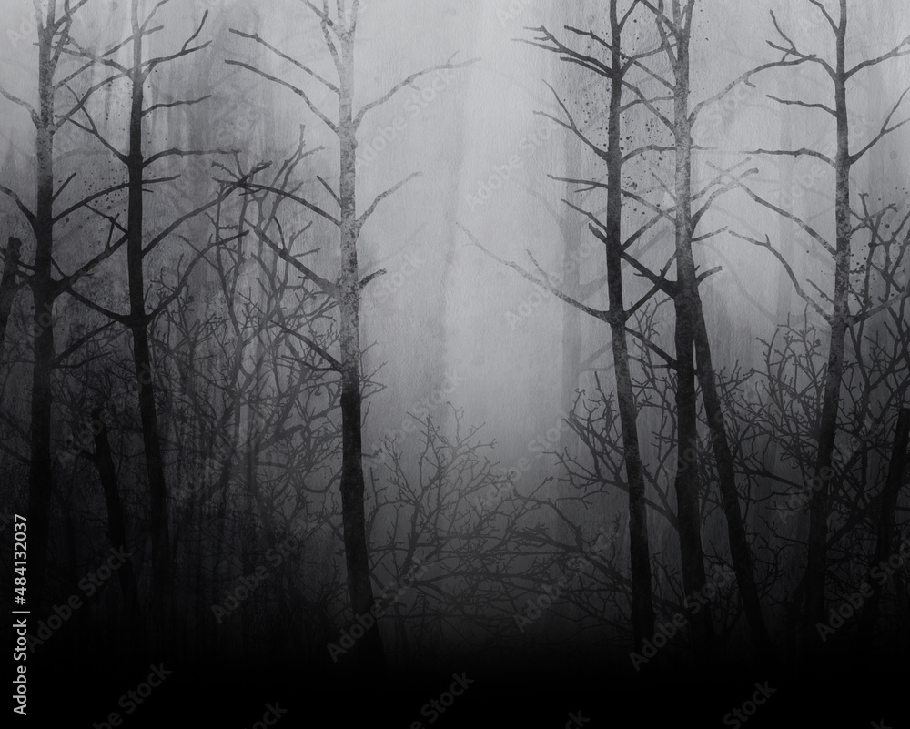 Dark forest. Black and white illustration. Grunge texture. Stock