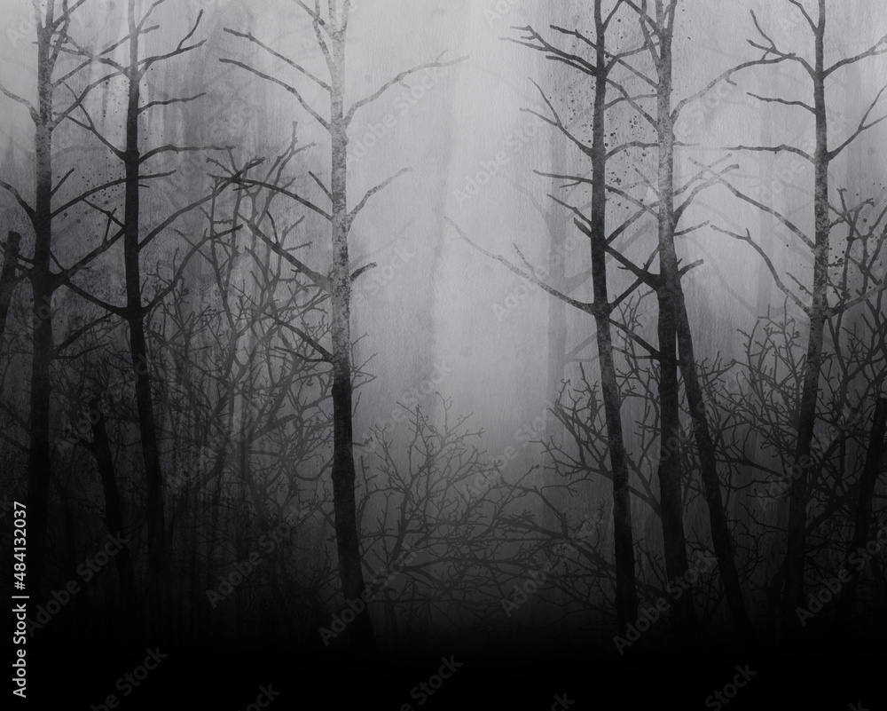 Dark forest. Black and white illustration. Grunge texture. Dark forest. Black and white illustration. Grunge texture.