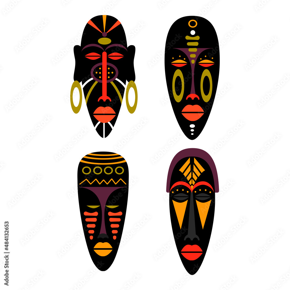 Set of african masks. Flat vector illustration in bright colors. Isolated on white. Set of african masks. Flat vector illustration in bright colors. Isolated on white.