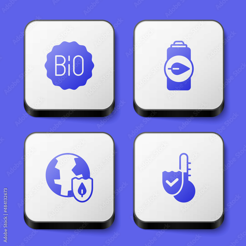Set Banner for bio, Eco nature leaf battery, Earth with shield and Thermometer icon. White square button. Vector