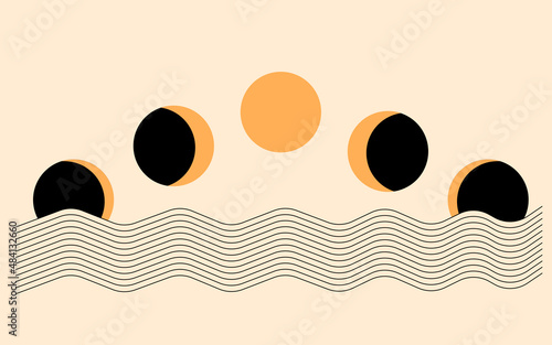 Abstract contemporary aesthetic background with Moon phases, geometric waves. Black and golden colors. Boho wall decor. Mid century modern minimalist art print. Organic natural shape. Magic concept.