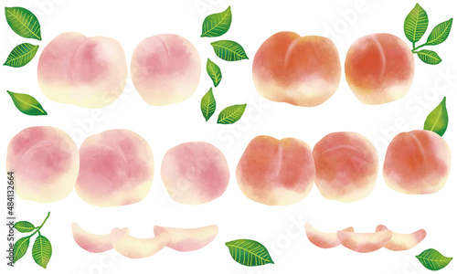 水彩風 淡い桃色とオレンジピンクの桃 Watercolor Fruit Series:Pale peach and orange-pink peaches
