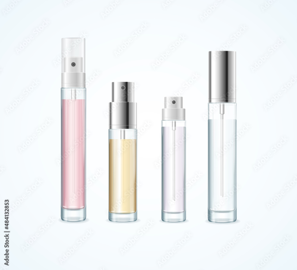 Realistic Detailed 3d Different Cosmetics Perfume Bottle Tester Empty Template Mockup Set. Vector Realistic Detailed 3d Different Cosmetics Perfume Bottle Tester Empty Template Mockup Set. Vector