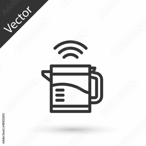 Grey line Smart electric kettle system icon isolated on white background. Teapot icon. Internet of things concept with wireless connection. Vector