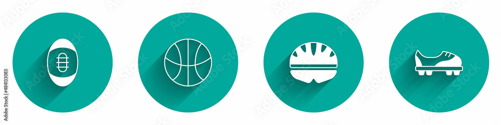 Set American Football ball, Basketball, Bicycle helmet and shoes icon with long shadow. Vector Set American Football ball, Basketball, Bicycle helmet and shoes icon with long shadow. Vector