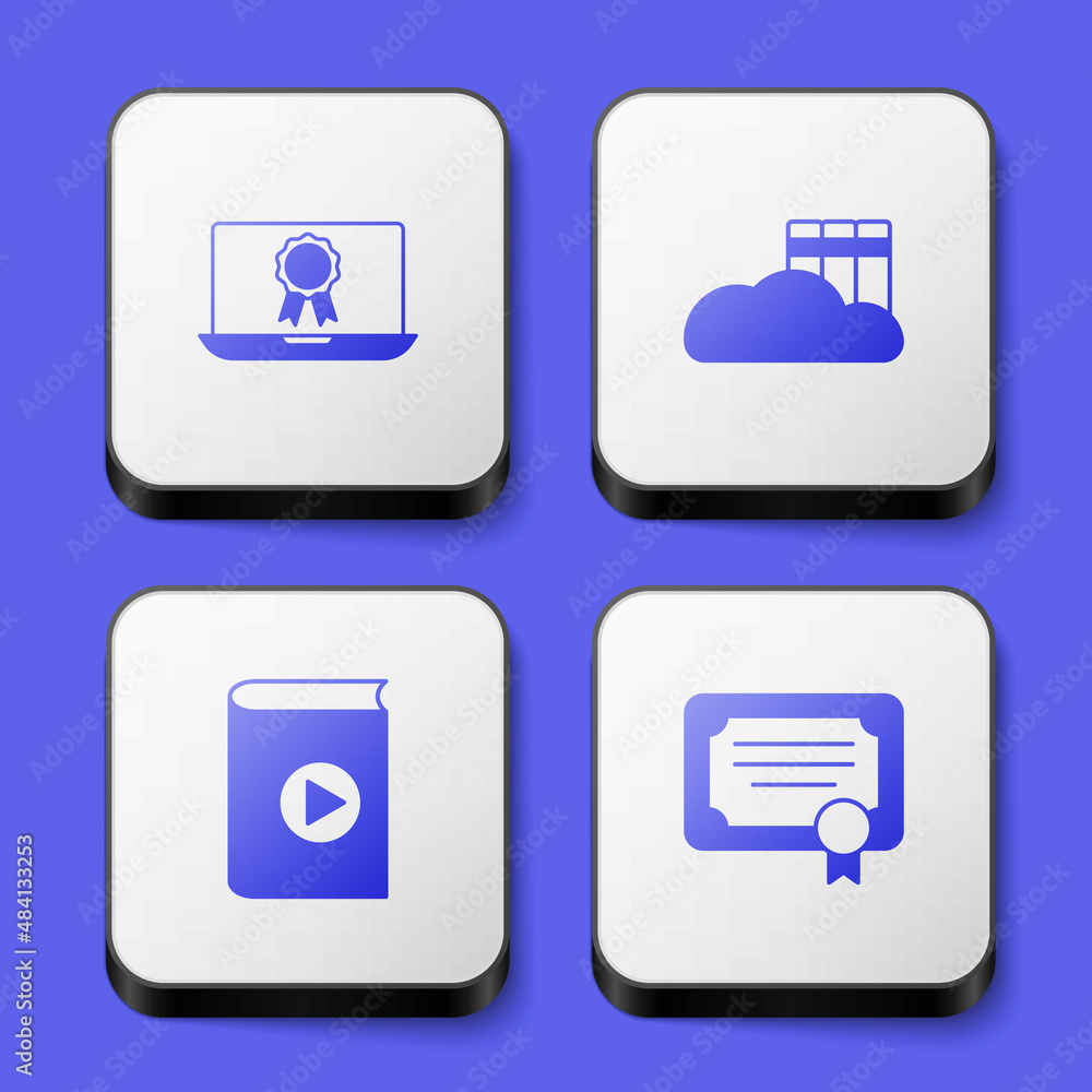 Set Online education with diploma, Cloud or online library, Audio book and Certificate template icon. White square button. Vector Set Online education with diploma, Cloud or online library, Audio book and Certificate template icon. White square button. Vector