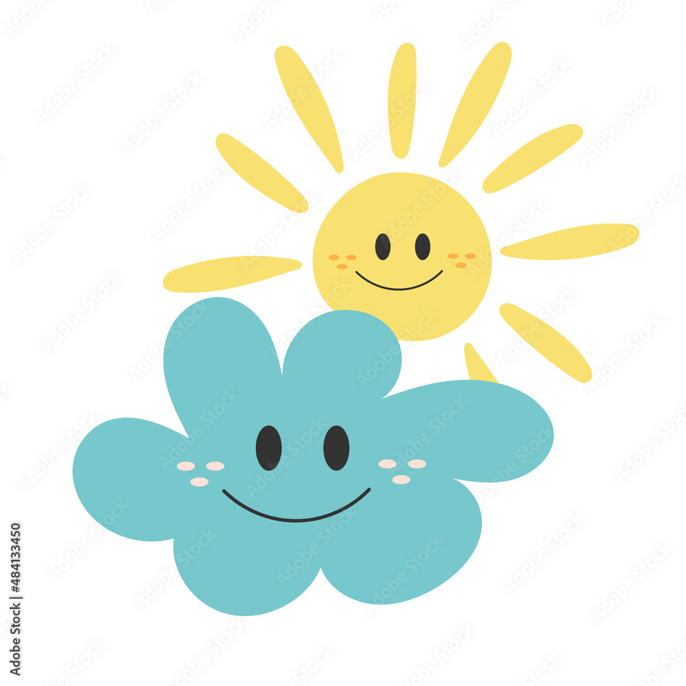 Sun Hugging Cloud. Happy smiling characters. Vector Illustration in hand drawn style Sun Hugging Cloud. Happy smiling characters. Vector Illustration in hand drawn style