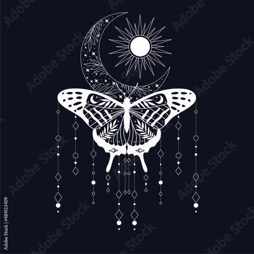 Beautiful cute vector illustration of butterfly in white colors. For print for T-shirts and bags, decor element. Mystical and magical, astrology illustration