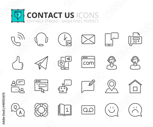 Simple set of outline icons about contact us. Communication concept.