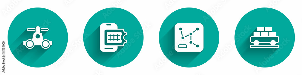 Set Handcar transportation, Online ticket booking, Railway map and Cargo train wagon icon with long shadow. Vector Set Handcar transportation, Online ticket booking, Railway map and Cargo train wagon icon with long shadow. Vector