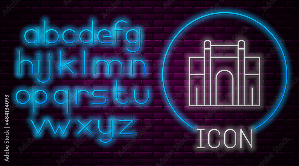 Glowing neon line India Gate in New Delhi, India icon isolated on brick wall background. Gate way of India Mumbai. Neon light alphabet. Vector Glowing neon line India Gate in New Delhi, India icon isolated on brick wall background. Gate way of India Mumbai. Neon light alphabet. Vector