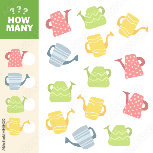 Matching game with watering cans. Garden math activity for preschool children. Spring counting worksheet.