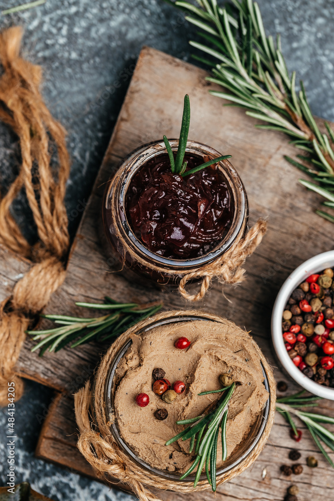 Liver pate with onion marmalade jam confiture. Fresh homemade chicken liver pate with greens. Restaurant menu, dieting, cookbook recipe Liver pate with onion marmalade jam confiture. Fresh homemade chicken liver pate with greens. Restaurant menu, dieting, cookbook recipe