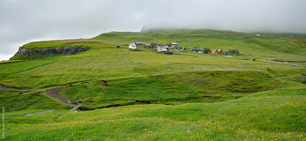 Naklejka premium View of Gasadalur village, Vagar, Faroe Islands, Kingdom of Denmark, Europe.