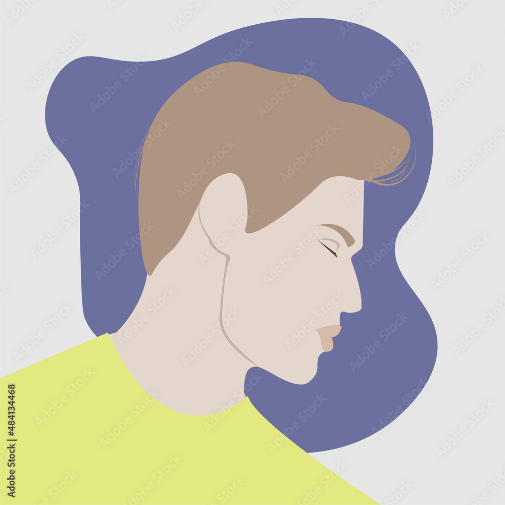 Beautiful guy is dark-haired on a purple background, in green T-shirt and in flat style Beautiful guy is dark-haired on a purple background, in green T-shirt and in flat style