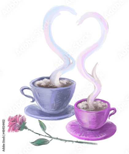 Vector drawing of two cups with hot coffee and rose flower