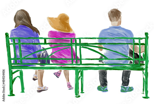 Watercolor drawing of casual young townspeople sitting on park bench on summer day