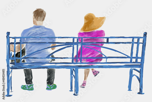 Watercolor sketch of couple casual citizens sitting on blue park bench on summer day