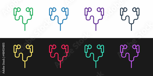 Fotografie Set line Air headphones icon icon isolated on black and white background