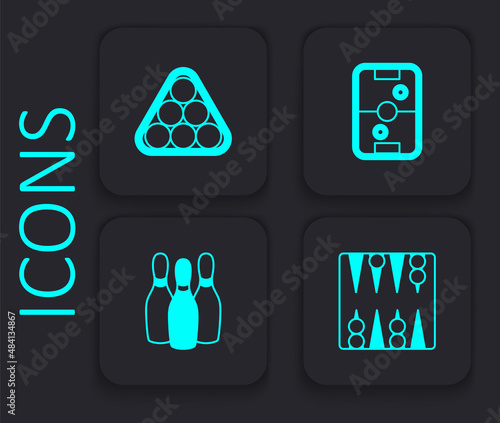 Set Backgammon board, Billiard balls in triangle, Air hockey table and Bowling pin icon. Black square button. Vector