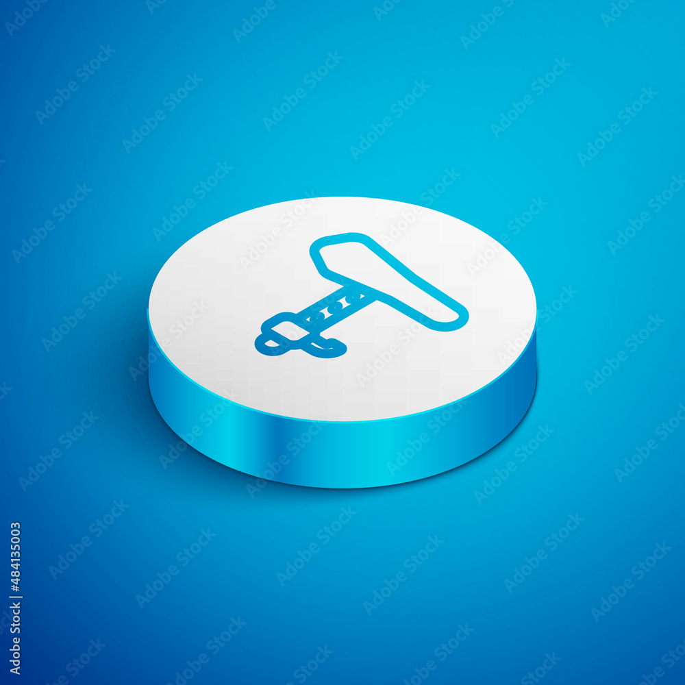 Isometric line Bicycle seat icon isolated on blue background. Bicycle saddle. White circle button. Vector Isometric line Bicycle seat icon isolated on blue background. Bicycle saddle. White circle button. Vector