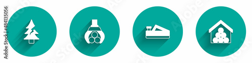 Set Tree, Grapple crane grabbed a log, Wood plane tool and Wooden logs icon with long shadow. Vector