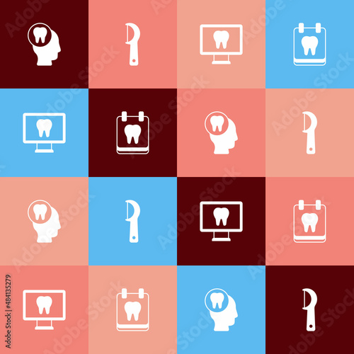 Set pop art Toothache, Dental floss, Online dental care and Calendar with tooth icon. Vector