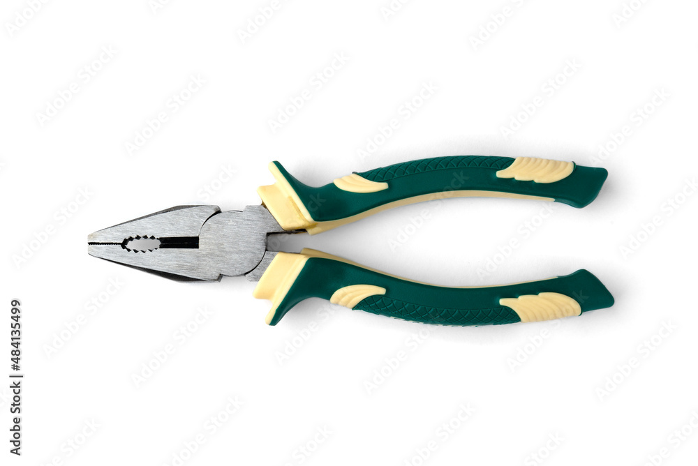 Green pliers isolated on white background.