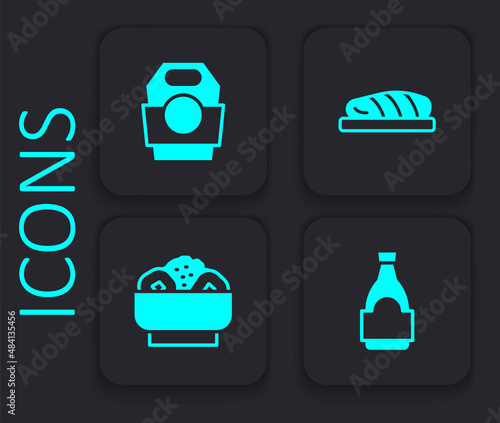 Set Soy sauce bottle, Asian noodles in paper box, Fish steak and Chow mein on plate icon. Black square button. Vector
