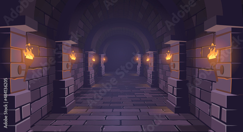 Dungeon. Long medieval castle corridor with torches. Interior of ancient Palace with stone arch. Vector illustration.