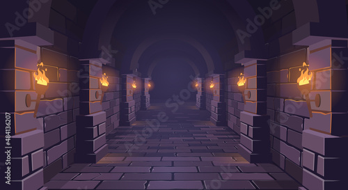 Dungeon. Long medieval castle corridor with torches. Interior of ancient Palace with stone arch. Vector illustration.