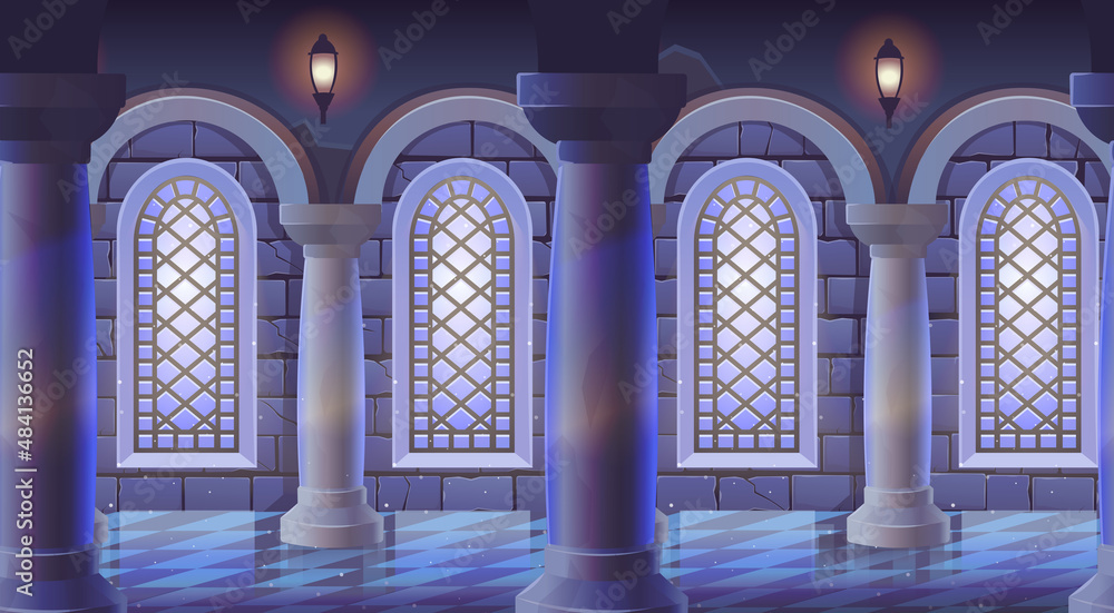 Seamless background.Medieval castle room with stained glass windows, columns marble floor and stone wall. Interior of ancient Palace. Background for games Vector illustration of cartoon corridor.