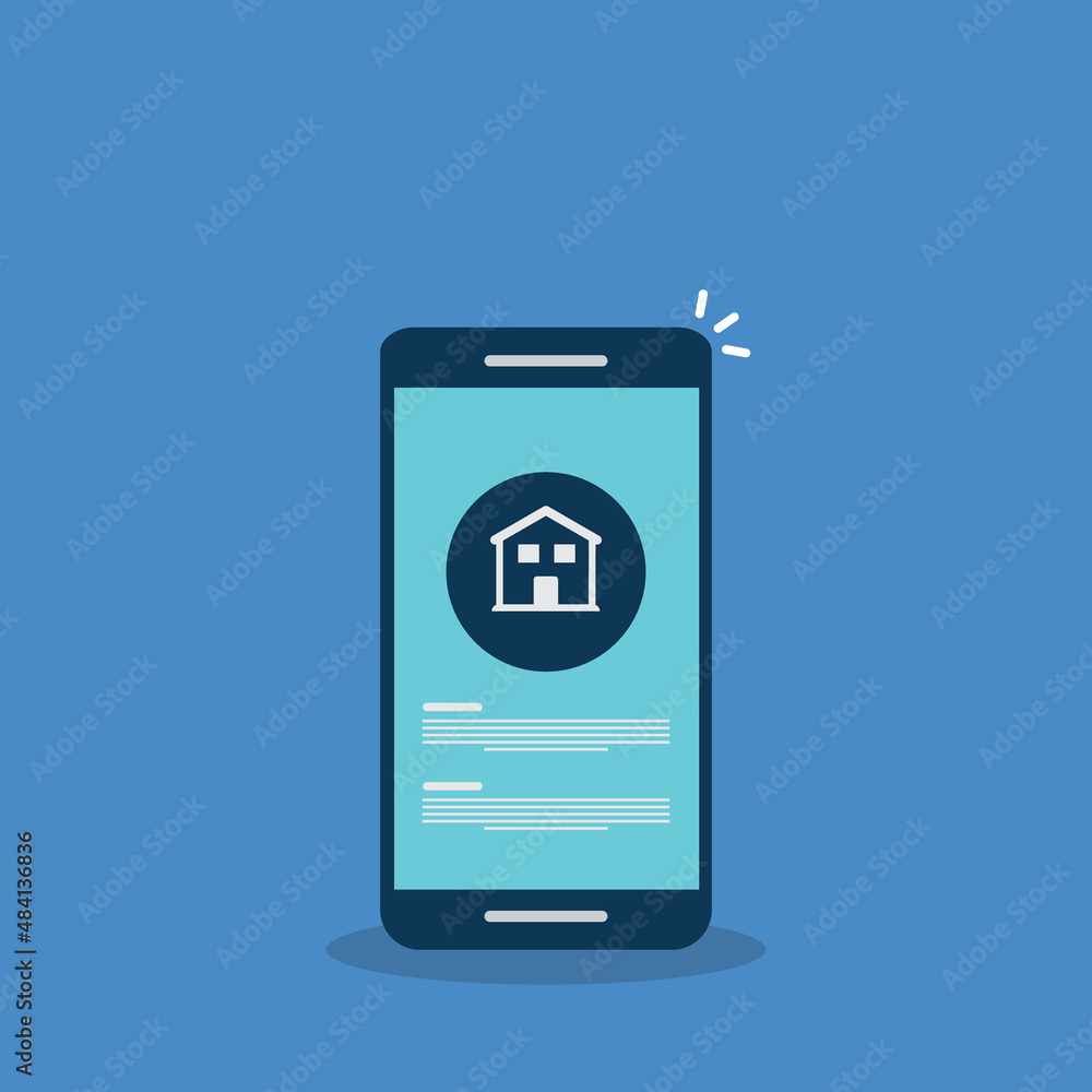 Home, house info notification on mobile phone. Digital app on smartphone device, rent or sell application or smart house notice. Home, house info notification on mobile phone. Digital app on smartphone device, rent or sell application or smart house notice.