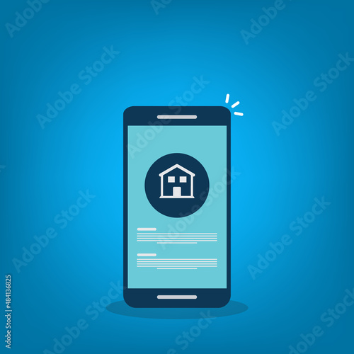 Home, house info notification on mobile phone. Digital app on smartphone device, rent or sell application or smart house notice.