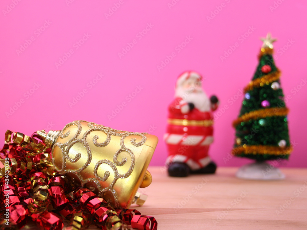 Christmas Ornaments and Christmas Tree on Pink Background, Shallow DOF