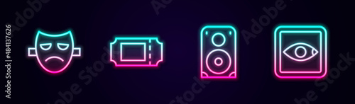 Set line Drama theatrical mask, Cinema ticket, Stereo speaker and Rating movie. Glowing neon icon. Vector