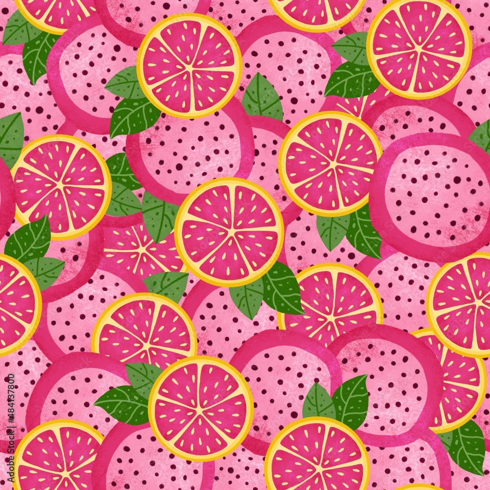 Seamless pattern with citrus fruits. Tropical background with fresh grapefruit and  dragon fruit slices for fabrics, wrapping paper, packaging, apparel, menu