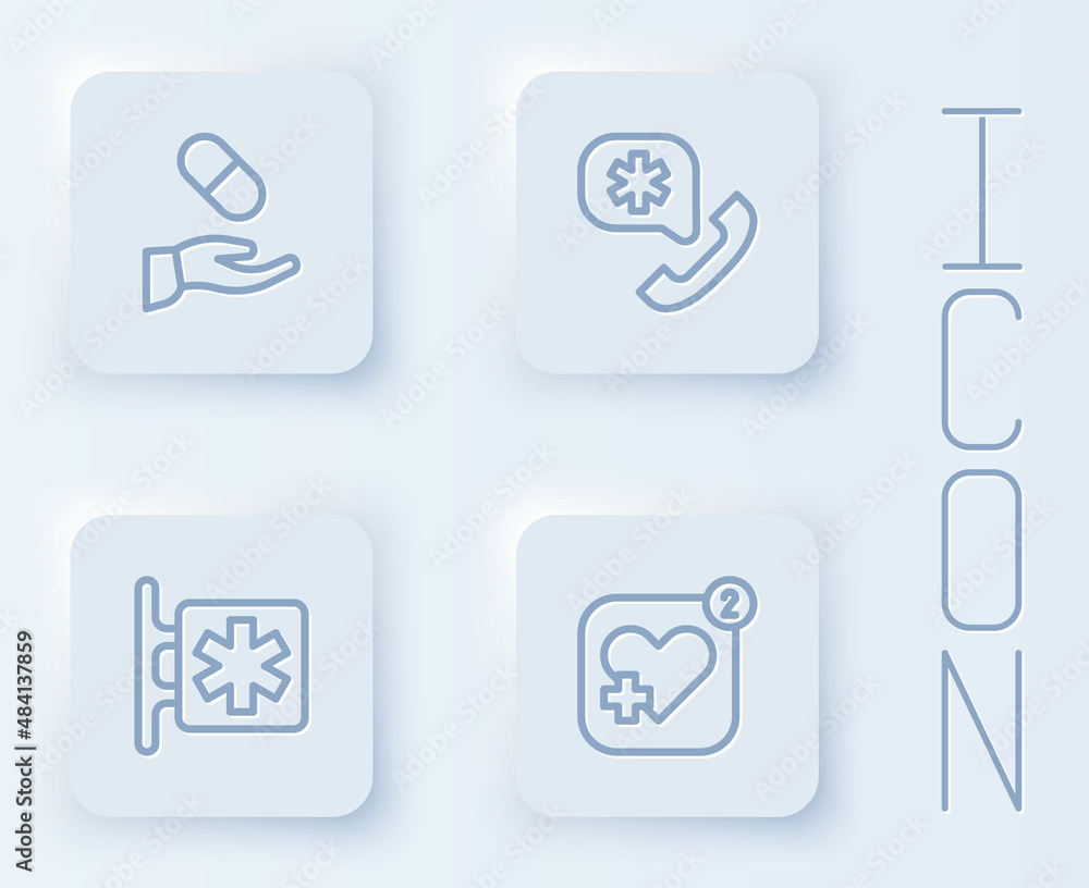Set line Medical prescription, Emergency call 911, - Star of Life and Mobile with heart rate. White square button. Vector Set line Medical prescription, Emergency call 911, - Star of Life and Mobile with heart rate. White square button. Vector