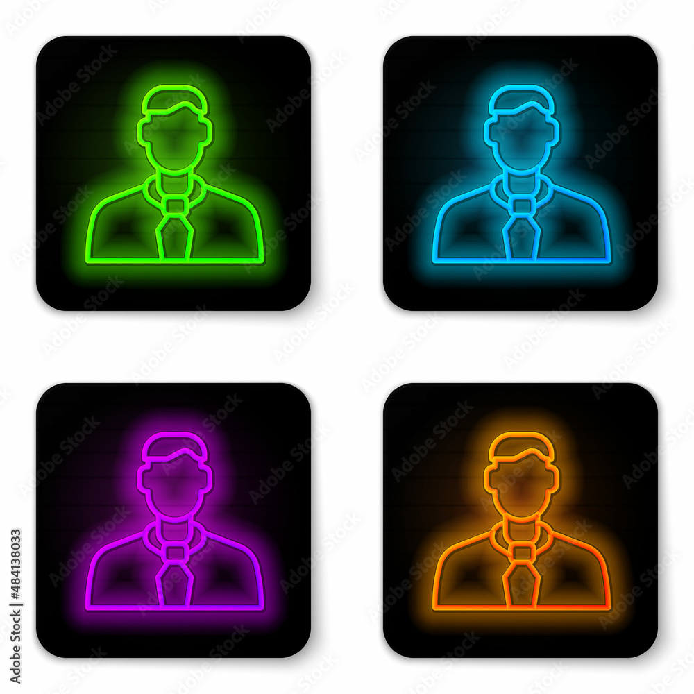 Glowing neon line Worker icon isolated on white background. Business avatar symbol user profile icon. Male user sign. Black square button. Vector Glowing neon line Worker icon isolated on white background. Business avatar symbol user profile icon. Male user sign. Black square button. Vector