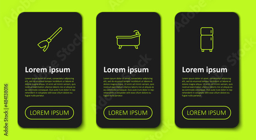 Set line Handle broom, Bathtub and Refrigerator. Business infographic template. Vector