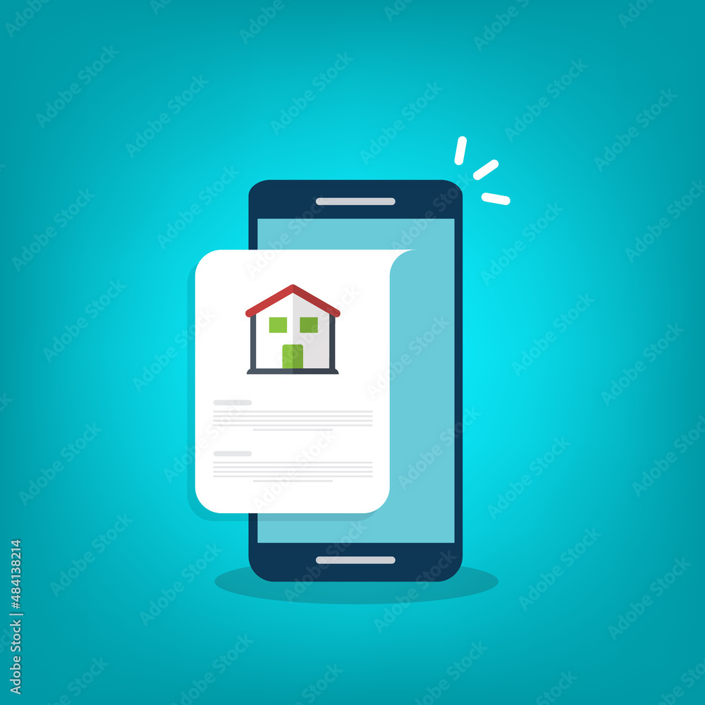 Home, house info notification on mobile phone. Digital app on smartphone device, rent or sell application or smart house notice. Home, house info notification on mobile phone. Digital app on smartphone device, rent or sell application or smart house notice.