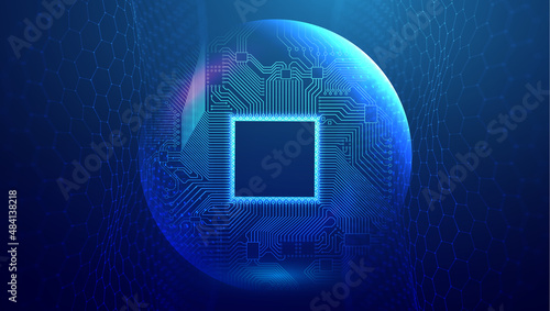 Electronic circuit board in sphere shield. Blue technology network vector illustration with hexagon wave. Network connection background.