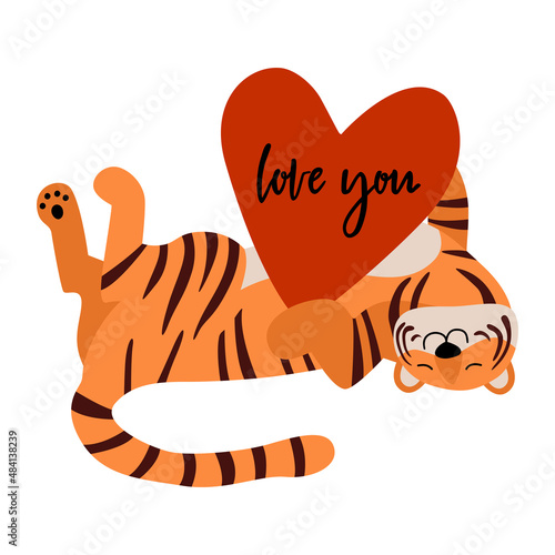 Love you quote. Cute tiger in love. Romantic lying animal holding heart in paws. Happy Valentines day postcard. Hand drawn symbol of love, dating. Vector illustration in flat cartoon style.