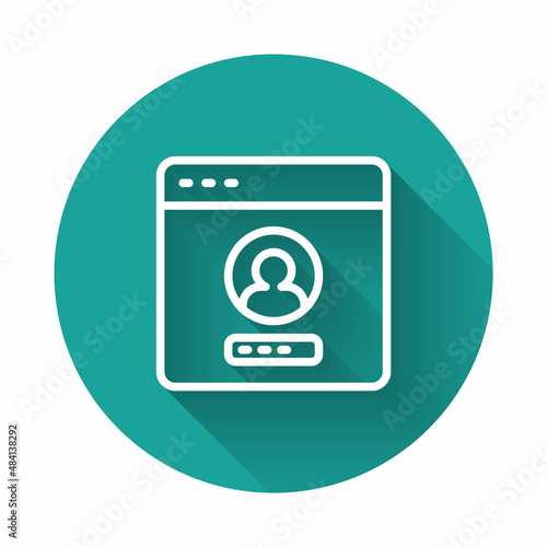 White line Create account screen icon isolated with long shadow background. Green circle button. Vector