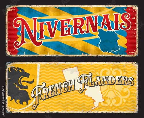 French Flanders and Nivernais regions of France. Plates and travel stickers. France province vintage plate, retro tin sign or card. France voyage grunge vector plate or vacation souvenir