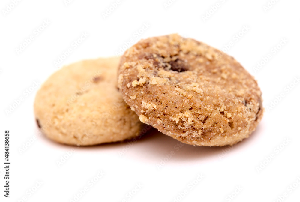 Round chocolate chip mini cookies isolated on white background 
